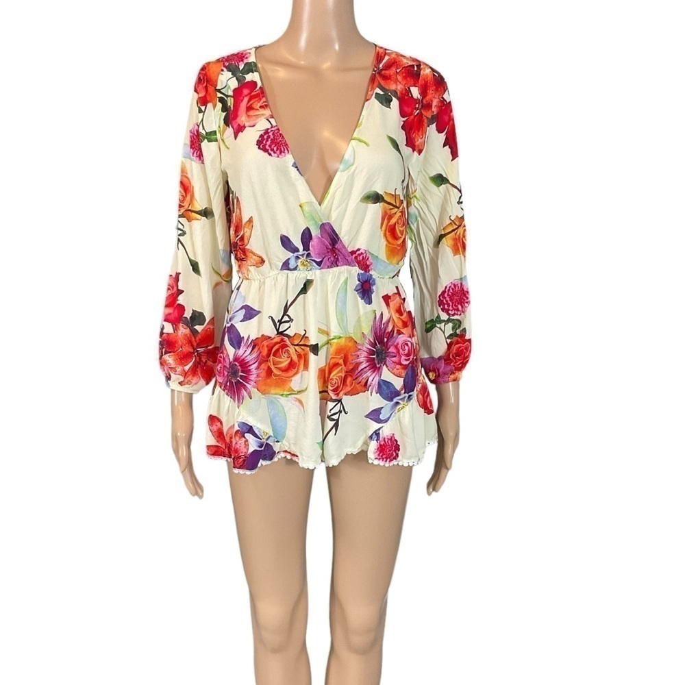 Choices Floral Romper Size Large Long Sleeve V-Neck Cinched Waist Back zipper